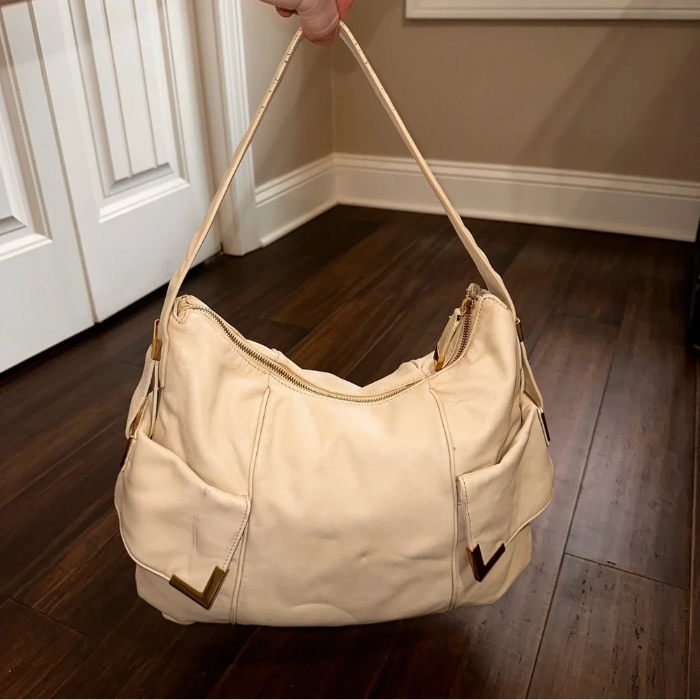 MICHAEL Michael Kors Beverly Hobo Satchel Genuine Leather Shoulder Bag Vanilla